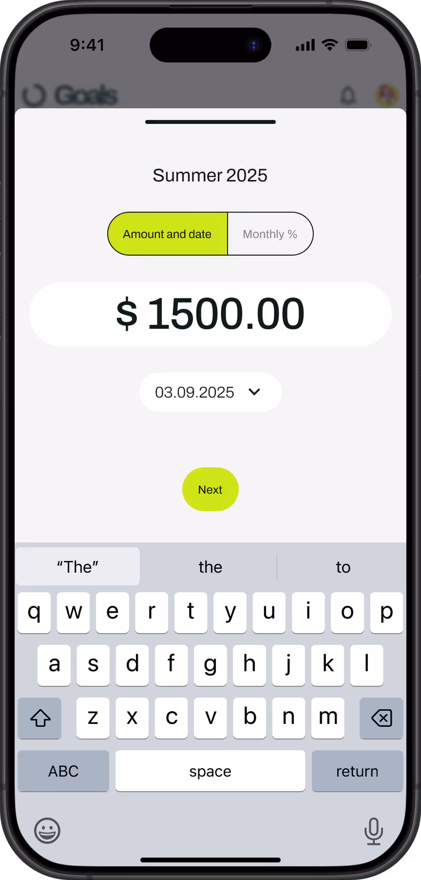 Payday goal setup screen