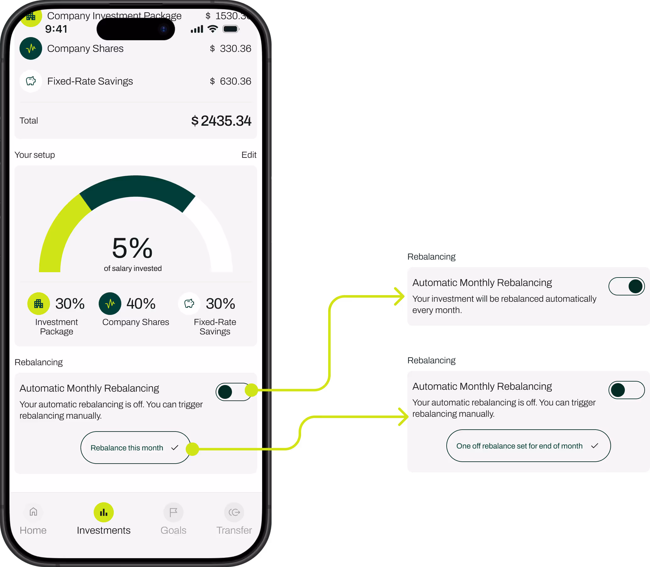 Payday investment rebalancing screens