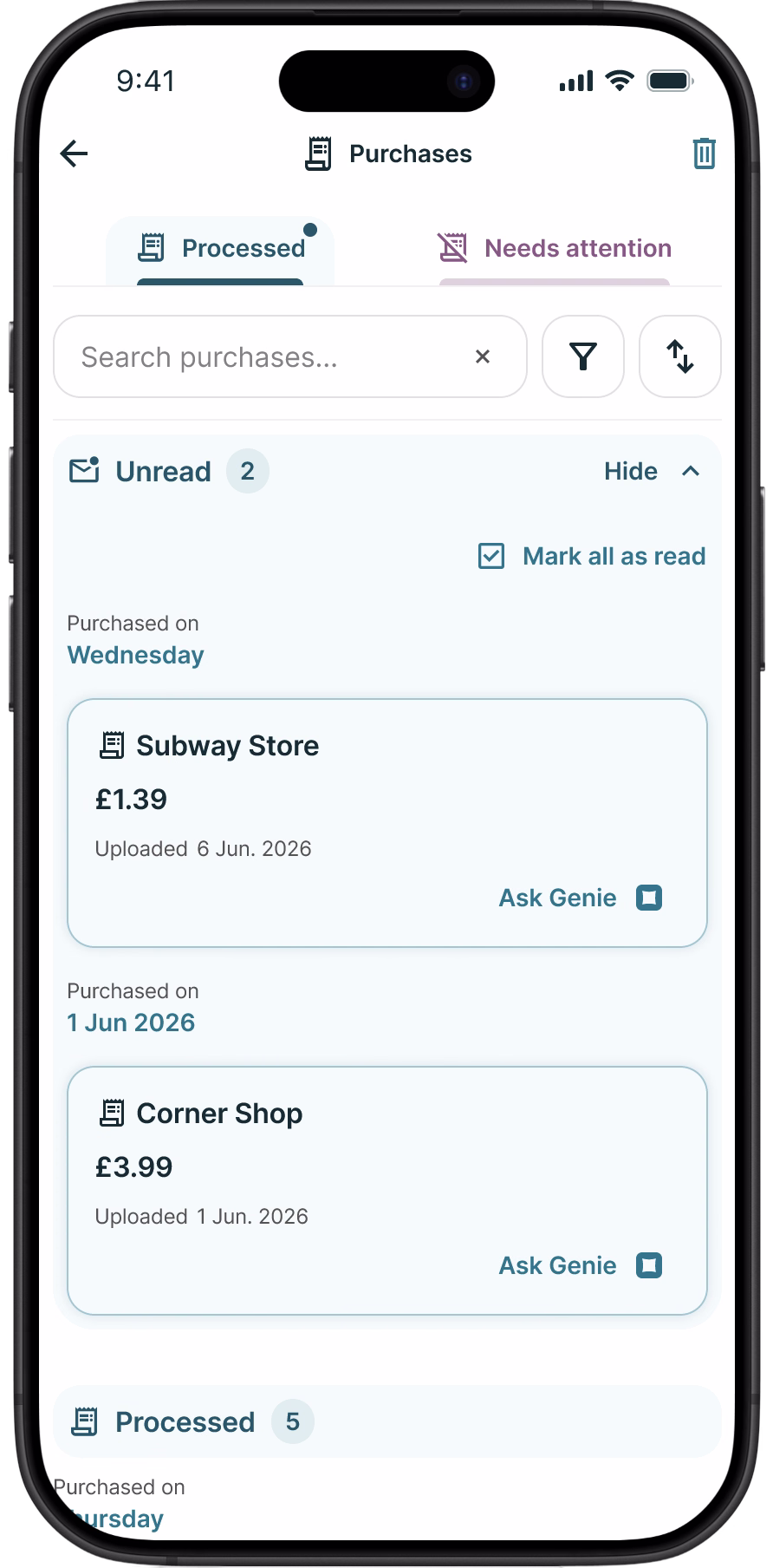 Purchase organisation screen