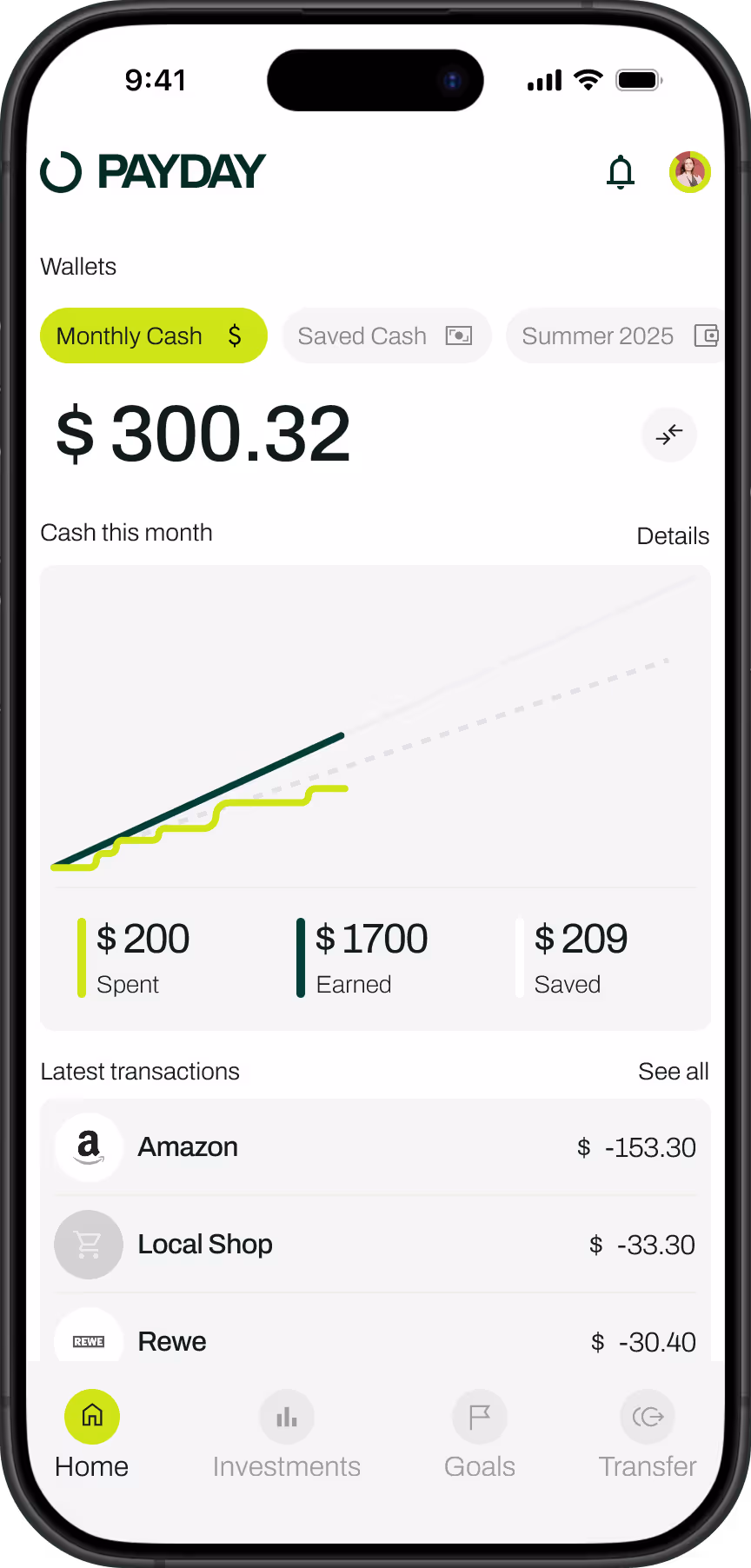 Payday home screen showing earnings and spending
